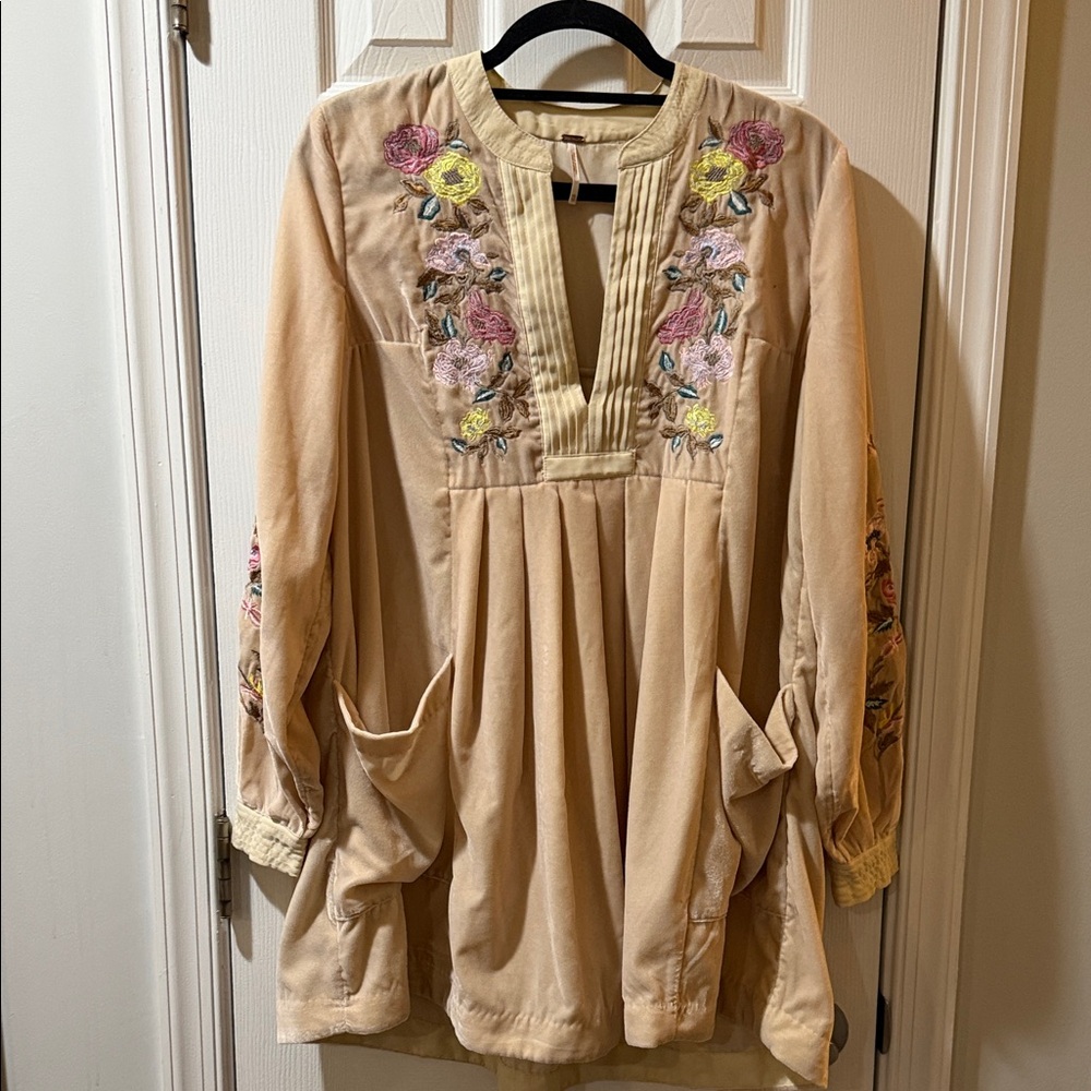 Free People Ivory embroidered dress in light pink velvet